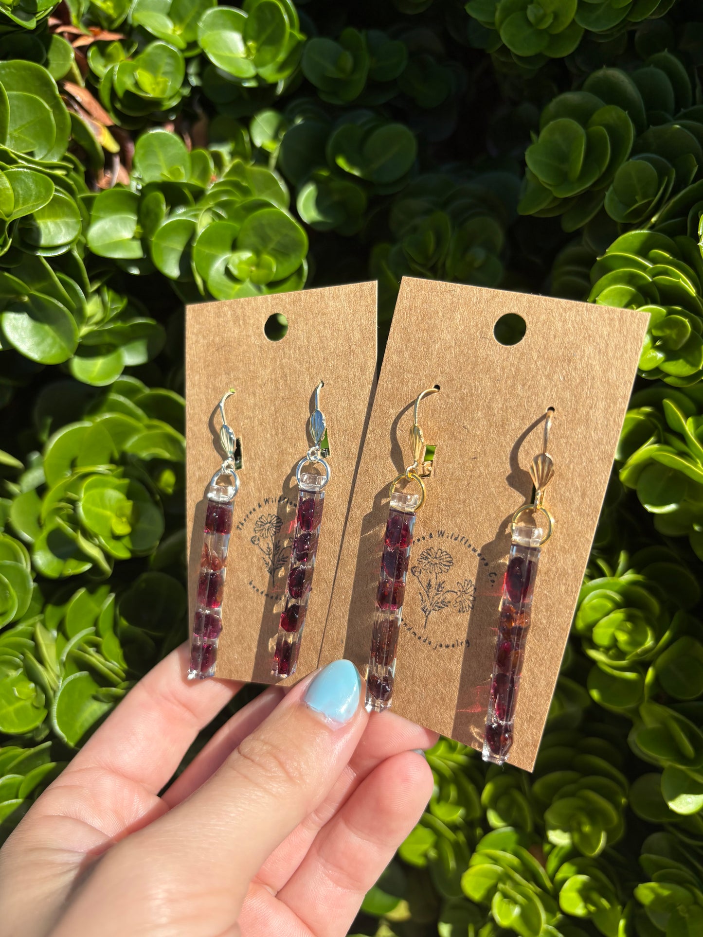 Garnet Thin Bar Earrings