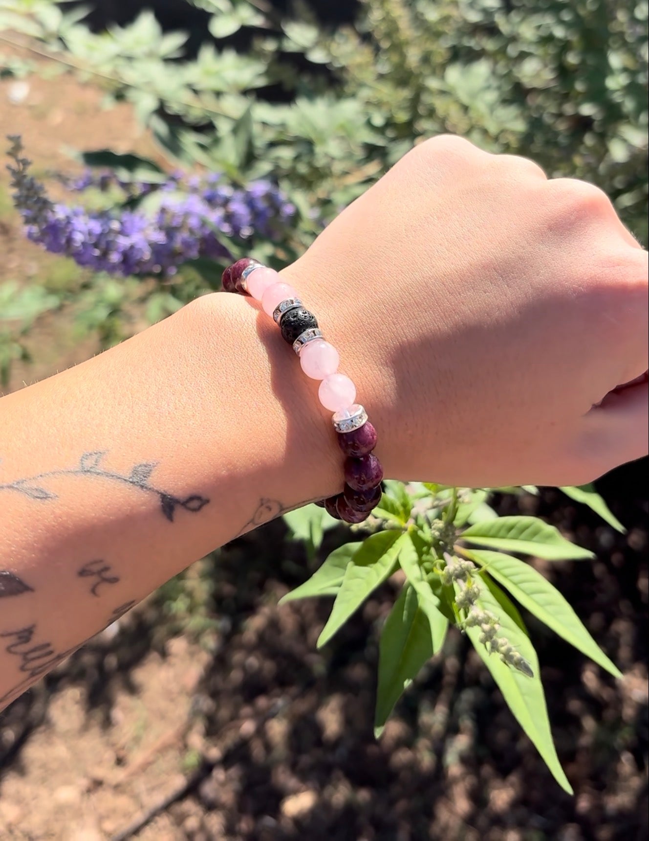 Rose Quartz, Black Lava Rock & Lavender Quartz